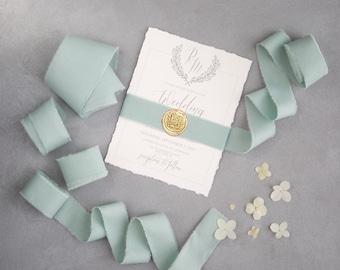 Dusty Sage belly bands Ribbon: Wedding party invitation supply, hand-dyed seafoam frayed edges