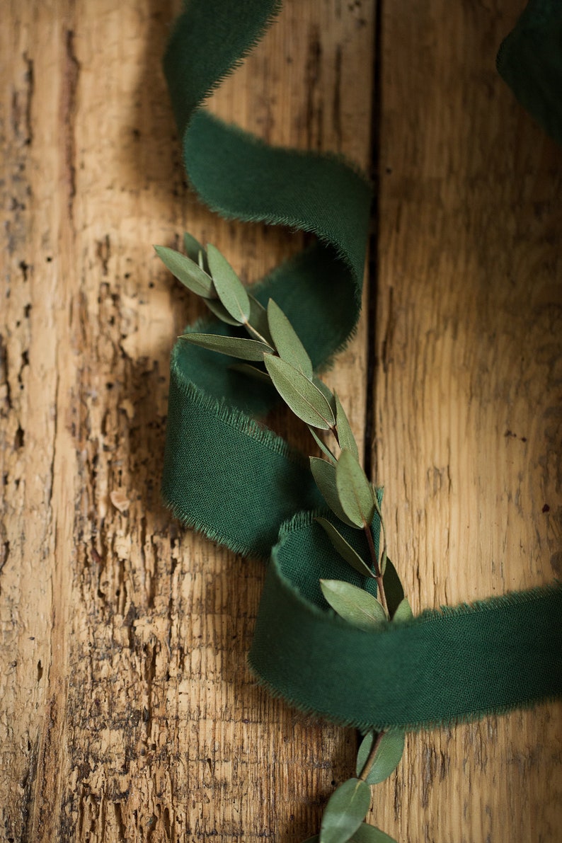 May include: A green ribbon with frayed edges is wrapped around a branch of green leaves on a rustic wooden background.