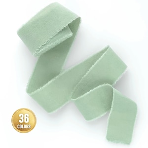 Greenery ribbon 1/2&quot; 1&quot; 2&quot; 3&quot; Wedding invitation Pale sage green frayed edge Hand dyed cotton silk like matte ribbon favors gift wrap Vegan