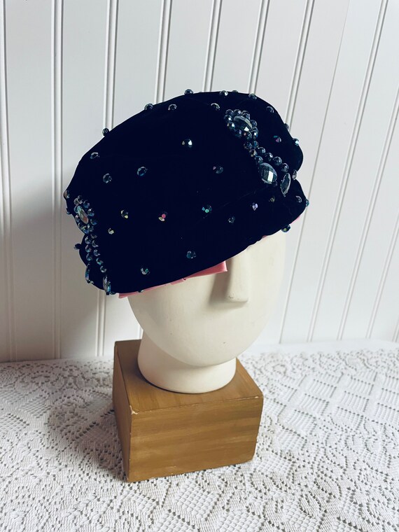 Vintage Norman Durand Dark Blue Velvet Beaded Hat