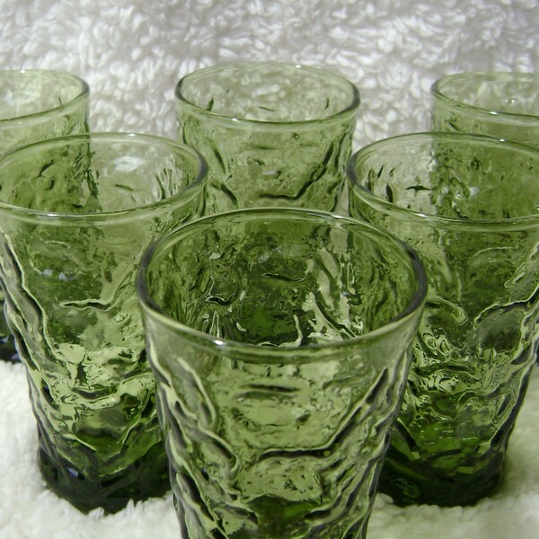 vintage Set of 6 Anchor Hocking Milano Lido Small 6 Ounce Juice Glasses in Avocado Green Small Olive Green Juice Glasses Bumpy Green Glass