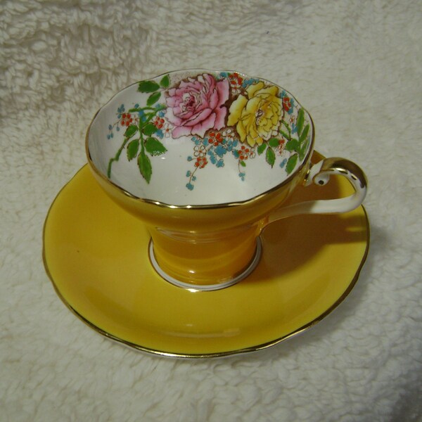 Vintage Aynsley Yellow with large Pink & Yellow Rose Teacup and Saucer