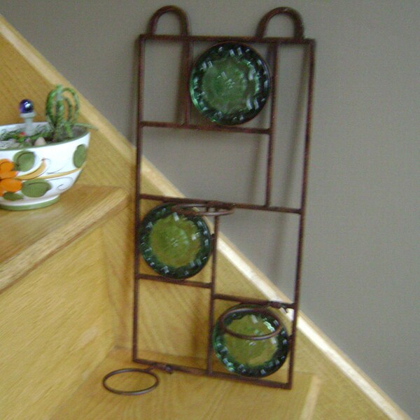 Vintage PARTYLITE Candle Holder METAL Rust Bronze Wall SCONCE Green Glass Indoor Outdoor
