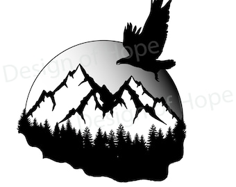 Silueta en blanco y negro Águila volando sobre montañas JPG PNG Archivos para máquinas de corte, imágenes prediseñadas digitales, impresión