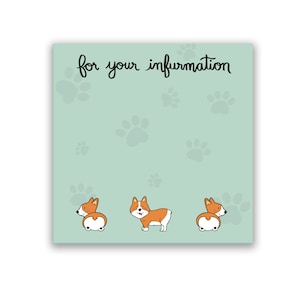 May include: A light green background with paw prints and the text "for your information" in black cursive writing. Three cartoon corgis are on the bottom of the image, one facing forward and two facing away from the viewer.