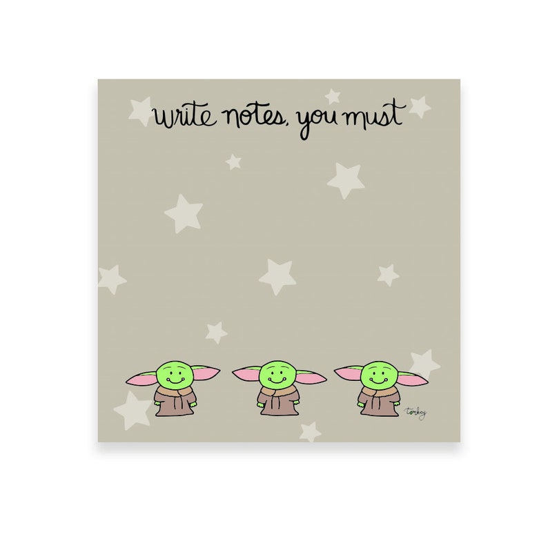 May include: A set of three green and pink cartoon notepad characters with the text "write notes, you must" on a beige background with white stars.