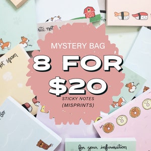 Puede incluir: Un gráfico rosa y blanco con el texto "MYSTERY BAG 8 FOR $20 STICKY NOTES (MISPRINTS)" rodeado de varias notas adhesivas de colores con diferentes diseños.