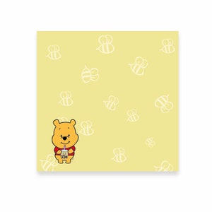 May include: A yellow background with a white bee pattern. Winnie the Pooh is in the center of the image, holding a cup of boba tea.