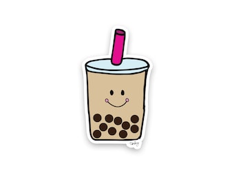 Puede incluir: Una pegatina de un té de burbujas de dibujos animados con una pajita rosa y una cara sonriente. El té es marrón con perlas de tapioca negras.