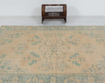 Vintage Turkish Oushak 6x9 Rug, Beige Aqua Handmade Wool Carpet Decor