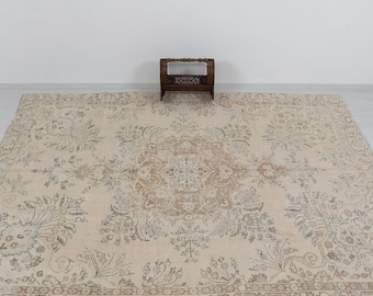 9x12 Oversized Vintage Handwoven Wool Rug, Neutral Beige Persian Style