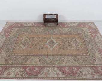 Antique Turkish Tribal Area Rug 9x13 Handmade Wool Carpet Pink Beige Vintage Decor