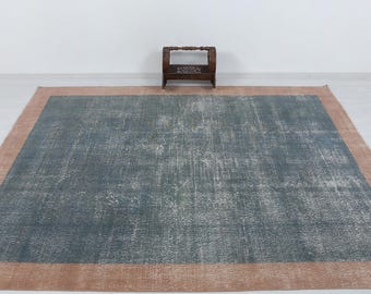 Vintage Turkish Oushak Rug 8x11 Large Blue Distressed Handmade Wool Carpet Low Pile