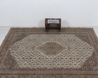 Vintage Turkish Oushak Rug, 8x11 Brown Beige Antique Handwoven Carpet