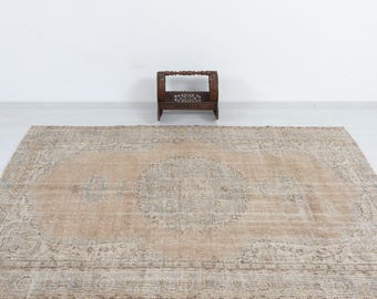 Vintage Oushak Rug 7x10, Brown Beige Medallion Carpet, Handwoven Turkish Decor