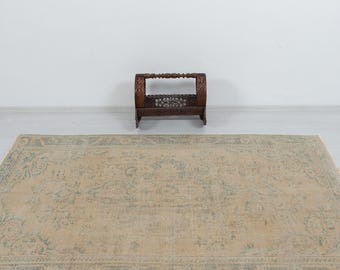 Vintage Oushak Rug 6x8, Beige Aqua Handmade Turkish Wool Area Decor