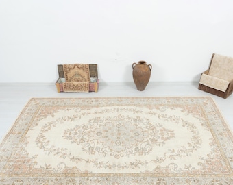 7x10 Vintage Turkish Oushak Rug: Handwoven Wool Anatolian Carpet