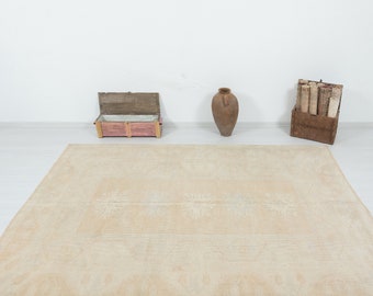 Neutral Vintage Rug 7x9, Cream Beige Turkish, Handwoven Wool, Low Pile Minimal