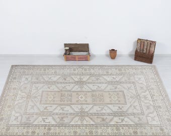 Vintage Oushak Rug, 7x10 Hand-Knotted Wool Anatolian Carpet, Neutral Beige Home Decor
