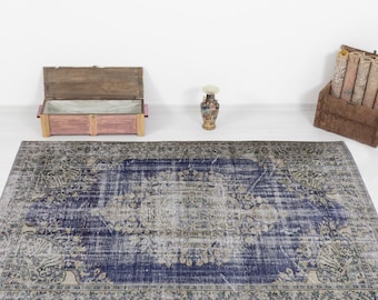 Vintage Blue Turkish Rug 7x10, Distressed Oushak Carpet, Handwoven Wool Area Rug