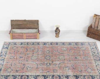 Vintage Oushak Rug, 5x8 Turkish Persian Style Pink Blue Wool Rug