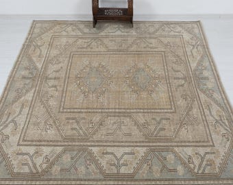 Antique Turkish Tribal Area Rug 9x9 Handmade Wool Carpet Neutral Vintage Decor