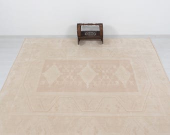 8x10 Turkish Vintage Area Rug Handmade Beige Tribal Wool Carpet Neutral Home Decor