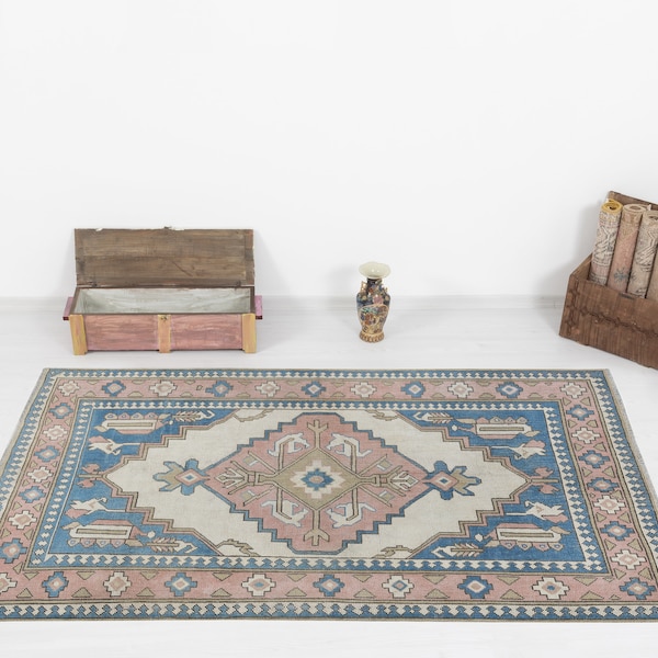 5X7 Vintage Rug,  Blue oushak rug, 5x7 Turkish rug, Pink Oushak Rug, 5.1 x 7 FT, Old wool antique rug, HANDMADE RUG, 5x7 carpet, 1952