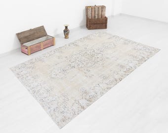 Light Beige Oushak Rug 5x9, Vintage Turkish Wool Cotton Handwoven, Subtle Medallion Design