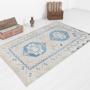 5x7 Vintage Turkish Oushak Rug: Blue Wool Anatolian Carpet