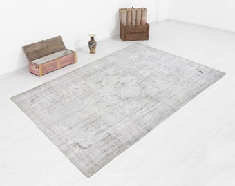 Minimal Oushak Rug 6x10, Light Beige Turkish Wool, Vintage Faded Design, Low Pile