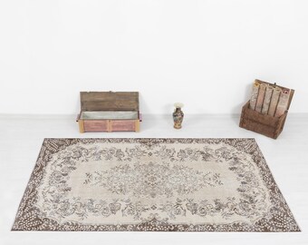 Beige Oushak Rug 6x9, Vintage Turkish Wool, Soft Floral Persian Style, Distressed Low Pile