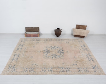 Neutral Vintage Turkish Oushak Rug 7x10 Beige Blue Handmade Area Carpet