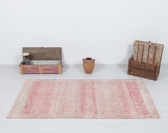 3x6 Vintage Rug, Red Anatolia Rug, Distressed Rug, Antique Oushak Rug, Decorative Turkish Rug, Turkish Low Pile Carpet, Handwoven Rug, 2347