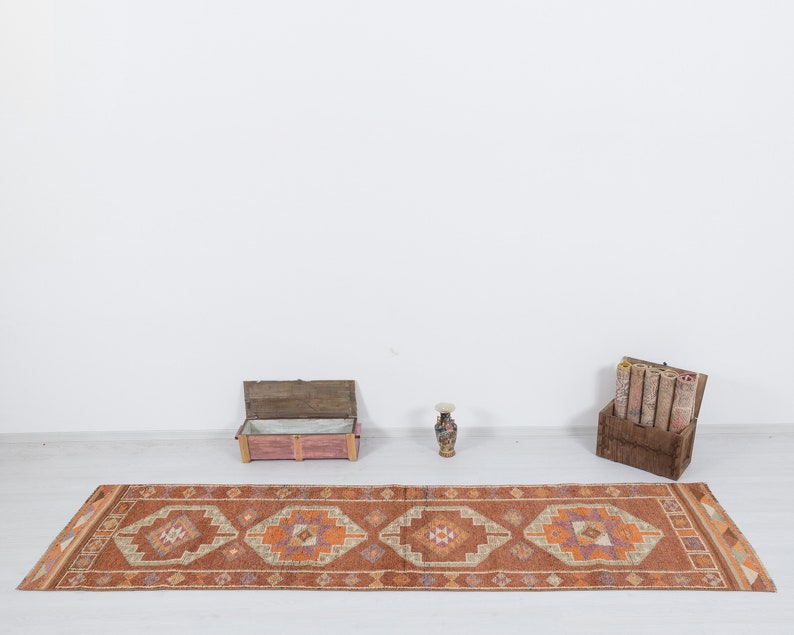 3x11 Vintage Runner, Turkish Oushak Runner Rug, Eclectic Fine Aztec Runner rug, Hallway Boho Kitchen rug, One of a kind, Rug Runner, 1993 image 2