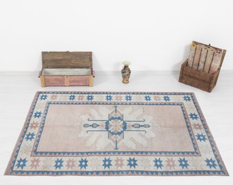 Tappeto Oushak vintage 5x6: tappeto turco anatolico in lana blu