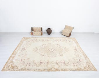 Vintage Turkish Oushak Rug 7x10 Beige Floral Handmade Area Rug