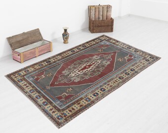 Red Vintage Oushak Rug: 5x8 Handmade Turkish Wool Anatolian Rug