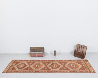 Turkish Runner Rug 3x11, Vintage Oushak Tribal Terracotta Anatolian Wool Rug