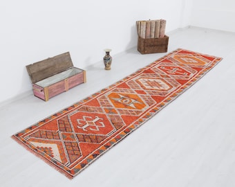 Vintage Turkish Oushak Runner Rug: Orange Hallway Carpet (3x11)