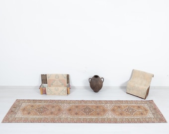 Handmade Wool Turkish Runner Rug: Vintage Oushak Hallway Rug