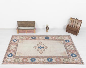 Turkish Rug 6x8, Vintage Oushak Tribal Pink Blue Anatolian Wool Area Rug