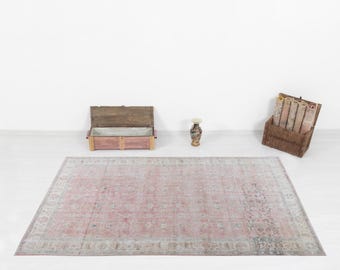 Vintage Pink Oushak Rug: 6x9 Turkish Wool Area Rug