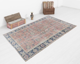 Vintage Oushak Rug 5x8, Turkish Persian Style Pink Blue Wool Rug