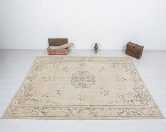 Vintage Turkish Rug, 7x10 Soft Neutral Minimal Floral Area Rug