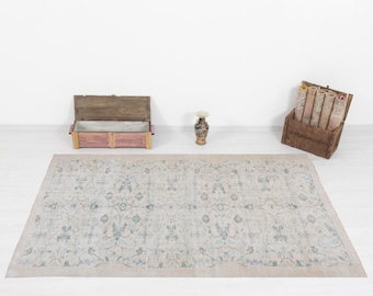 Vintage Oushak Rug: 6x9 Green Turkish Wool Area Rug