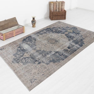5x7 Vintage Turkish Rug: Distressed Blue Oushak, Handmade Wool