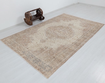 Neutral Vintage Rug, 6x9 Beige Brown Anatolian Design, Handwoven Wool, Faded Persian Style Medallion