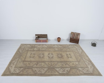 Vintage Turkish Oushak Rug, Neutral Wool Handmade Carpet (7x10 ft)