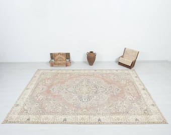 7x10 Vintage Turkish Oushak Rug: Handwoven Wool Anatolian Carpet